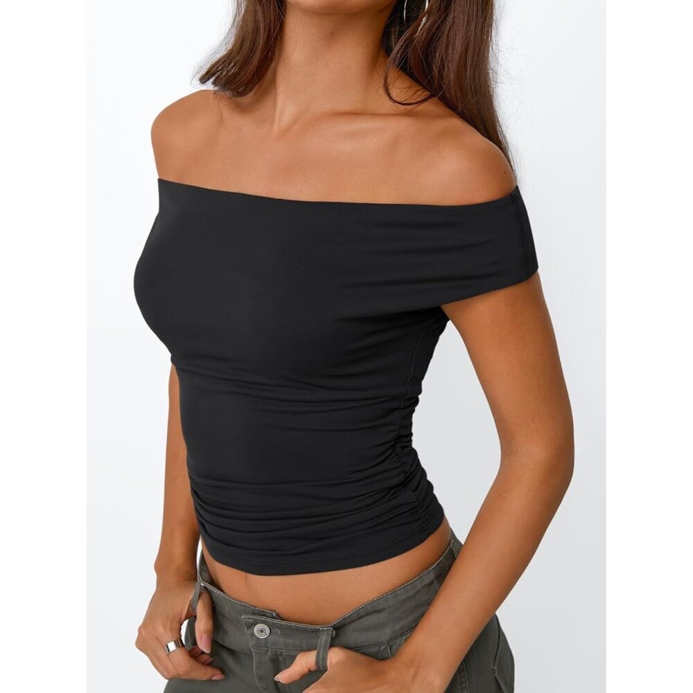 Women's Cami Crop Tops Black Off The Shoulder Classic Summer Going Out Comfort - Picture 3 of 5